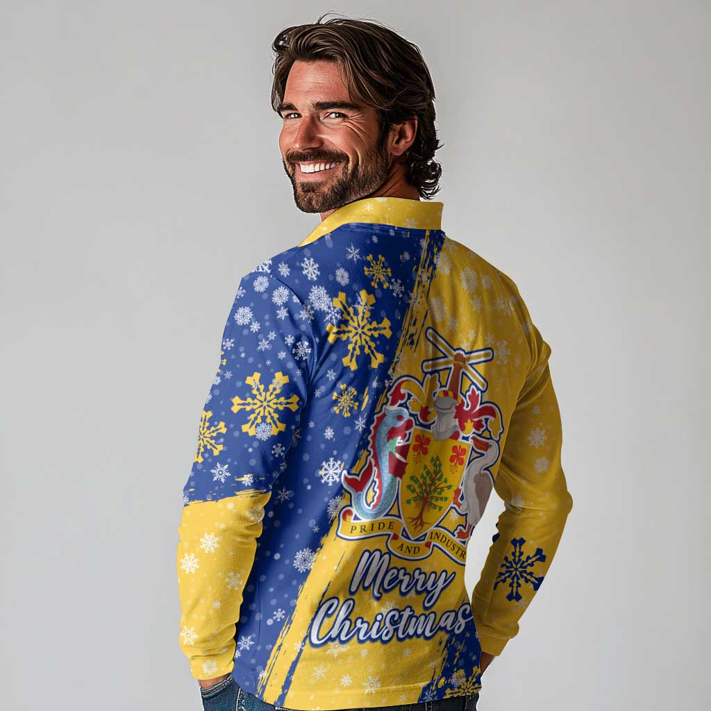 Barbados Christmas Long Sleeve Polo Shirt with Blue Yellow Xmas Snowflakes Red Truck and Coat of Arms - Wonder Print Shop