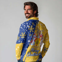 Barbados Christmas Long Sleeve Polo Shirt with Blue Yellow Xmas Snowflakes Red Truck and Coat of Arms - Wonder Print Shop