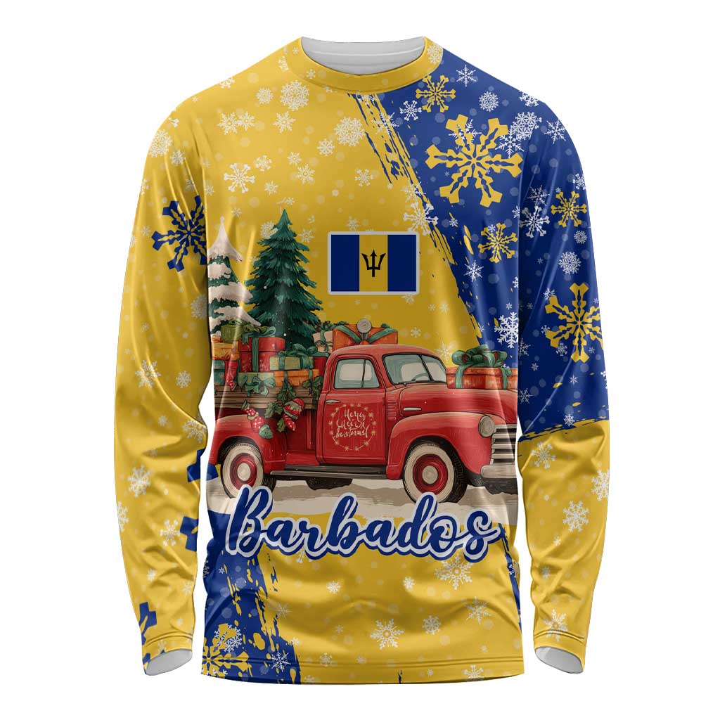 Barbados Christmas Long Sleeve Shirt with Blue Yellow Xmas Snowflakes Red Truck and Coat of Arms - Wonder Print Shop