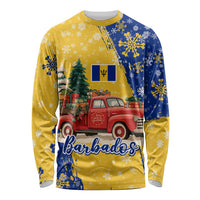 Barbados Christmas Long Sleeve Shirt with Blue Yellow Xmas Snowflakes Red Truck and Coat of Arms - Wonder Print Shop