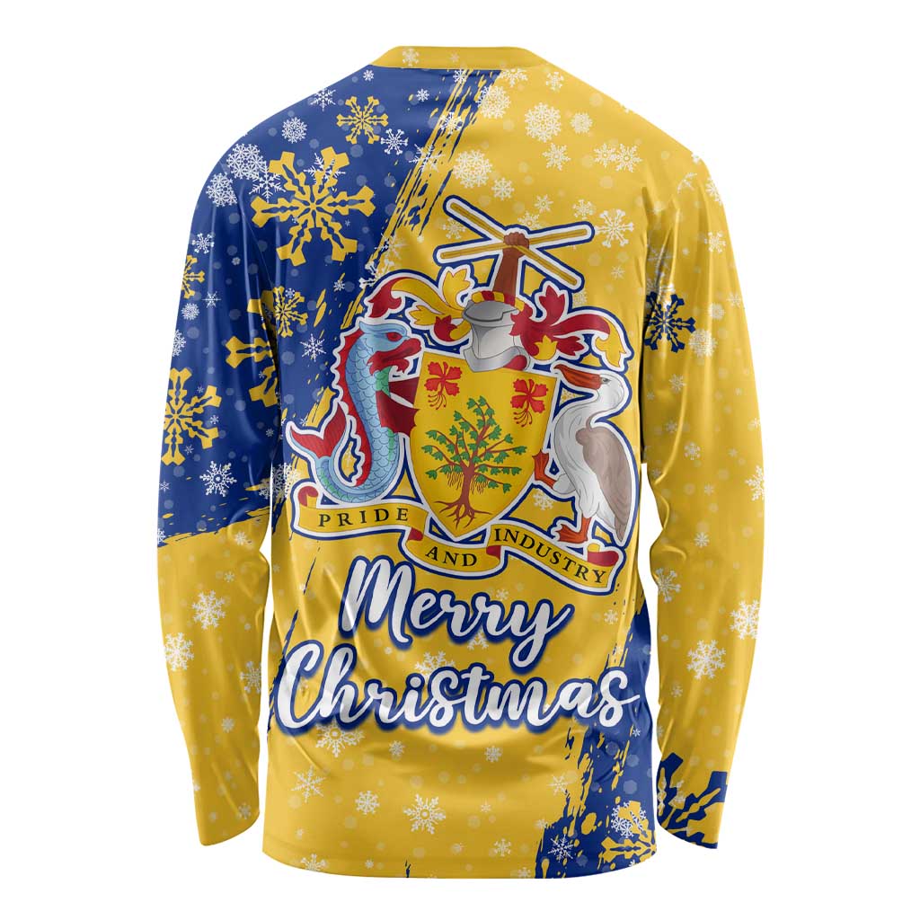 Barbados Christmas Long Sleeve Shirt with Blue Yellow Xmas Snowflakes Red Truck and Coat of Arms - Wonder Print Shop