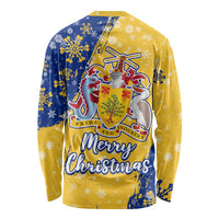 Barbados Christmas Long Sleeve Shirt with Blue Yellow Xmas Snowflakes Red Truck and Coat of Arms - Wonder Print Shop