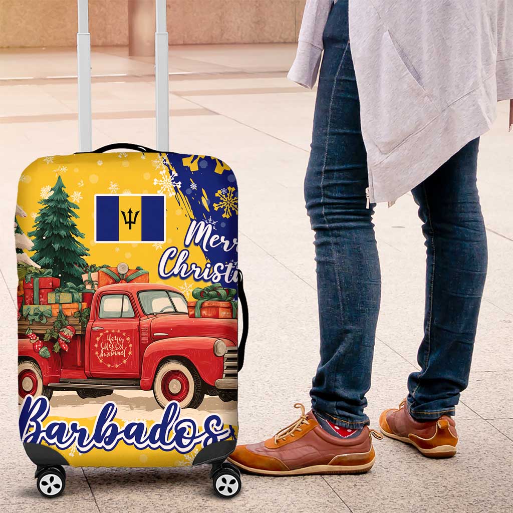 Barbados Christmas Luggage Cover with Blue Yellow Xmas Snowflakes Red Truck and Coat of Arms - Wonder Print Shop