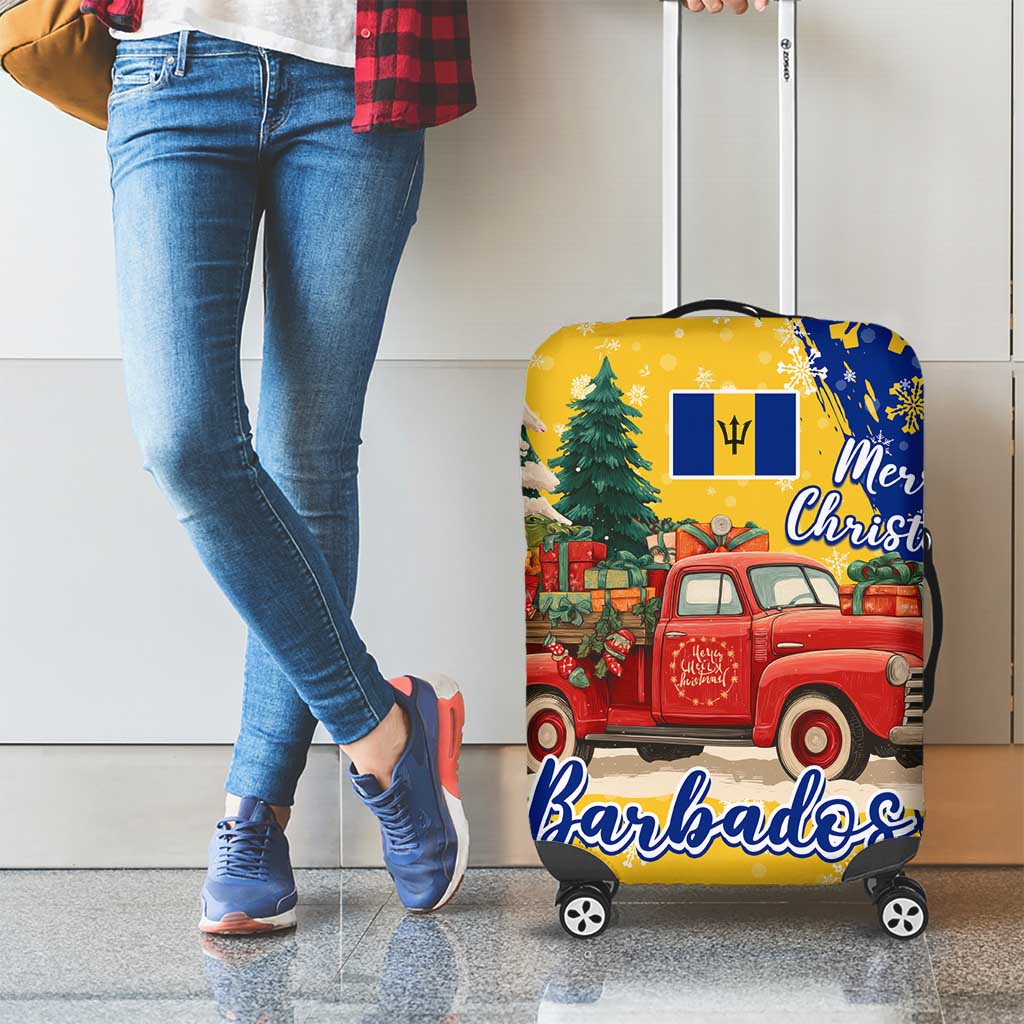 Barbados Christmas Luggage Cover with Blue Yellow Xmas Snowflakes Red Truck and Coat of Arms - Wonder Print Shop