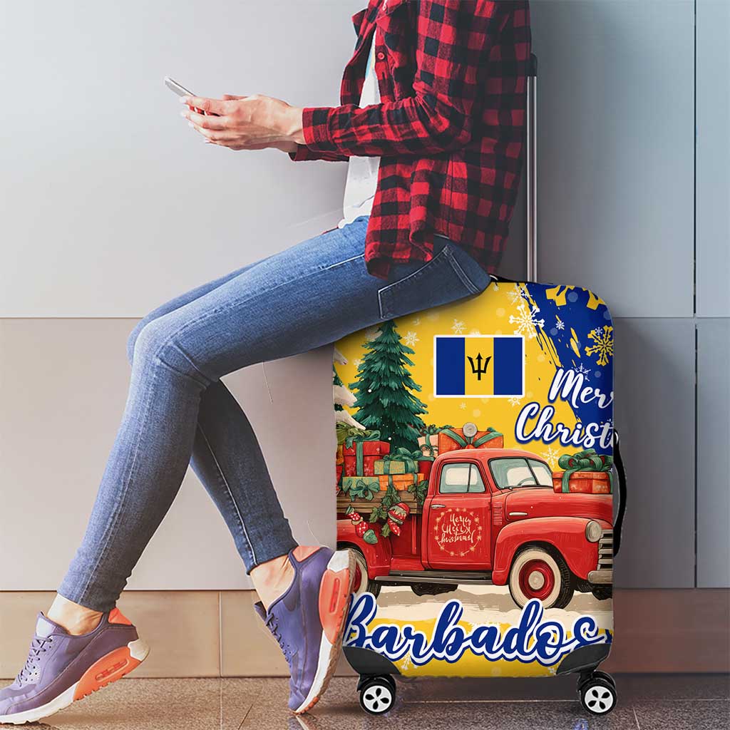 Barbados Christmas Luggage Cover with Blue Yellow Xmas Snowflakes Red Truck and Coat of Arms - Wonder Print Shop
