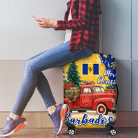 Barbados Christmas Luggage Cover with Blue Yellow Xmas Snowflakes Red Truck and Coat of Arms - Wonder Print Shop