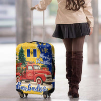 Barbados Christmas Luggage Cover with Blue Yellow Xmas Snowflakes Red Truck and Coat of Arms - Wonder Print Shop