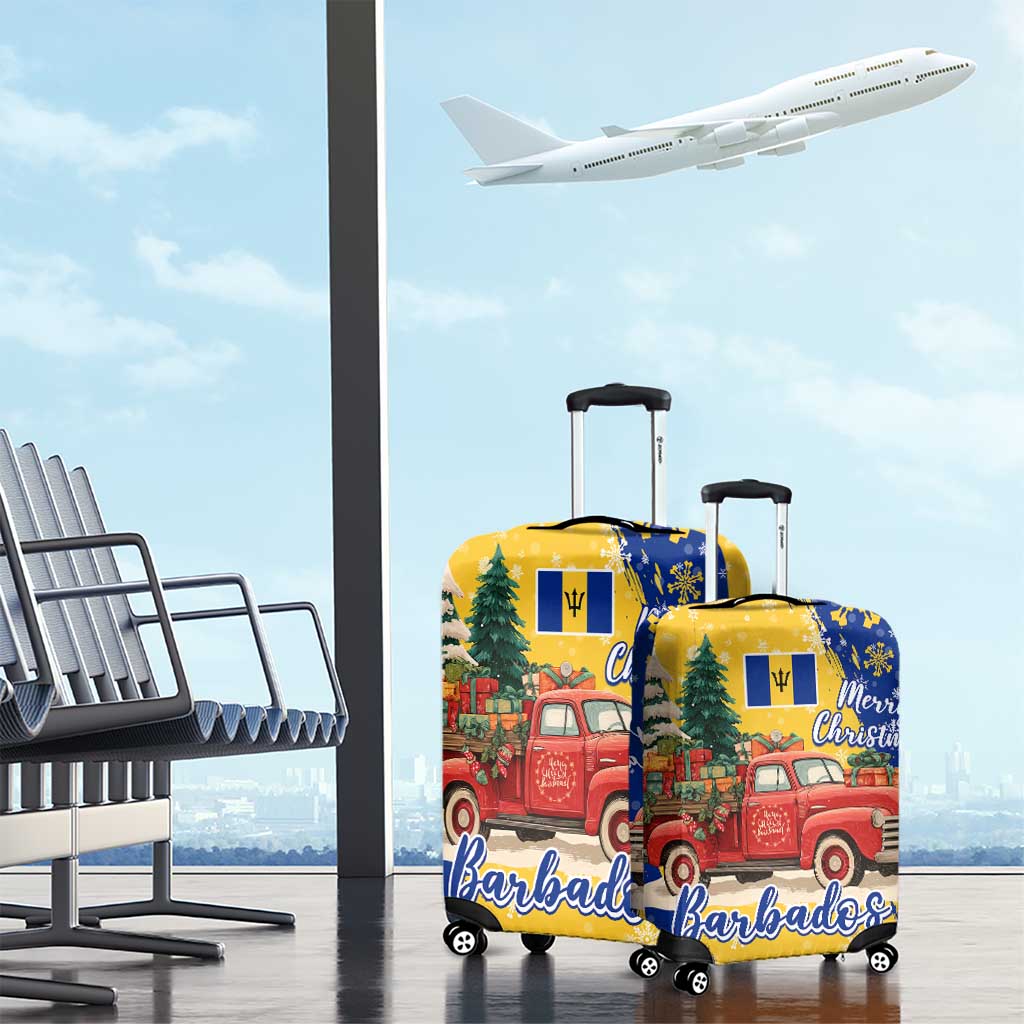 Barbados Christmas Luggage Cover with Blue Yellow Xmas Snowflakes Red Truck and Coat of Arms - Wonder Print Shop