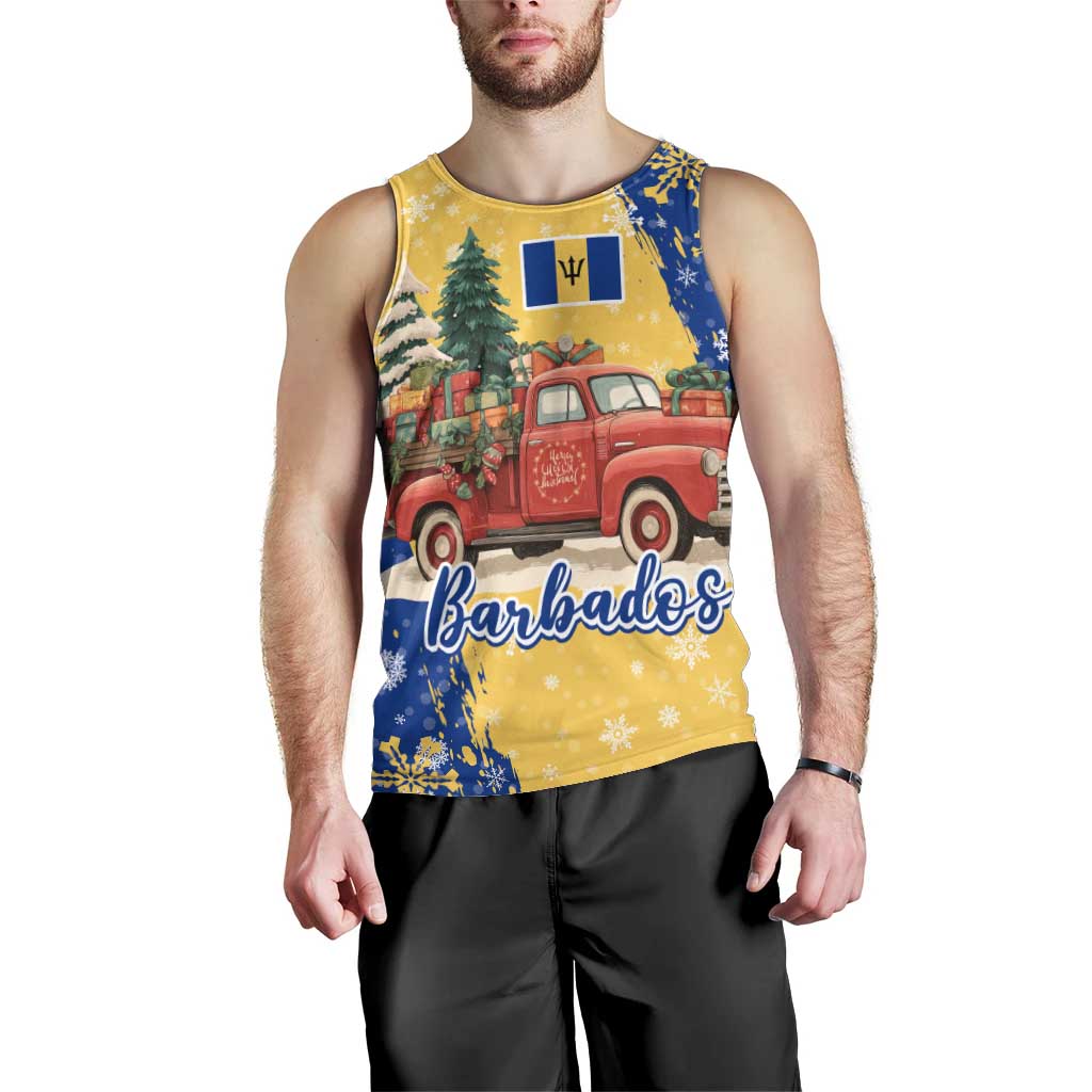Barbados Christmas Men Tank Top with Blue Yellow Xmas Snowflakes Red Truck and Coat of Arms - Wonder Print Shop