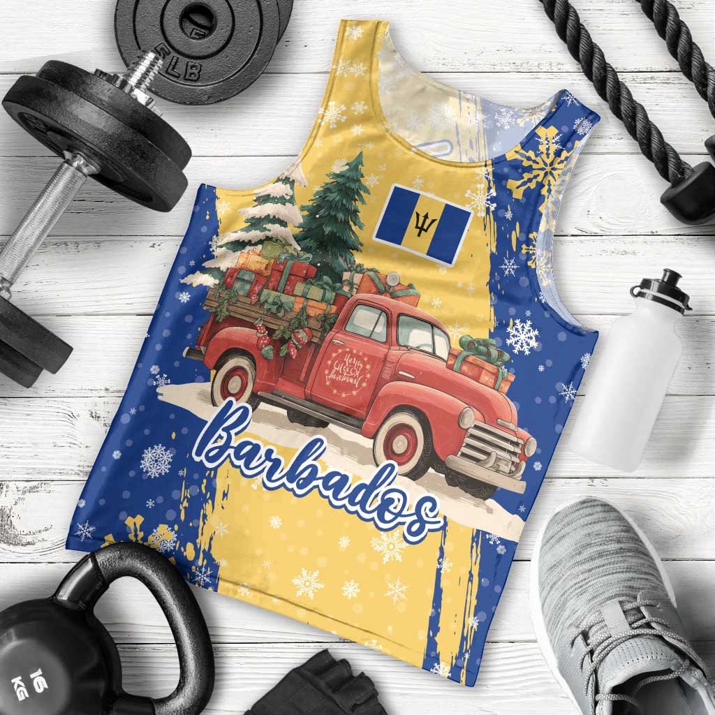 Barbados Christmas Men Tank Top with Blue Yellow Xmas Snowflakes Red Truck and Coat of Arms - Wonder Print Shop