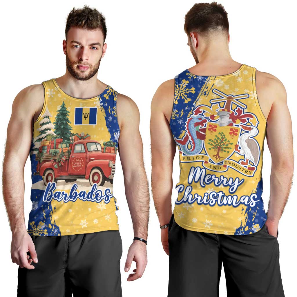 Barbados Christmas Men Tank Top with Blue Yellow Xmas Snowflakes Red Truck and Coat of Arms - Wonder Print Shop