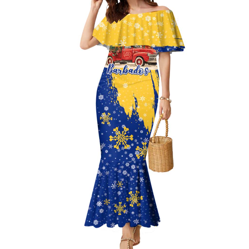 Barbados Christmas Mermaid Dress with Blue Yellow Xmas Snowflakes Red Truck and Coat of Arms - Wonder Print Shop
