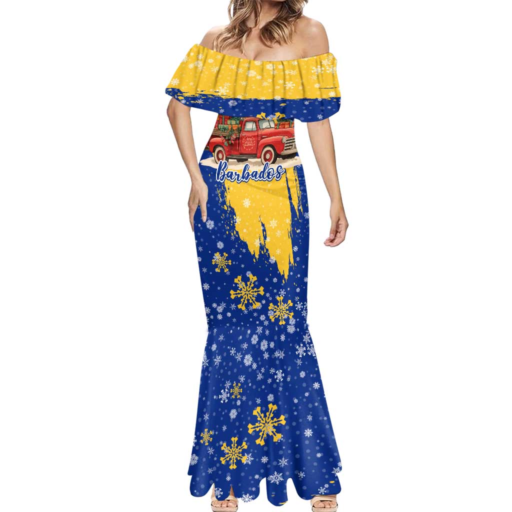 Barbados Christmas Mermaid Dress with Blue Yellow Xmas Snowflakes Red Truck and Coat of Arms - Wonder Print Shop