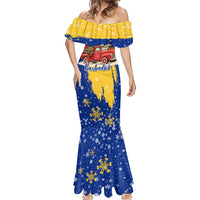Barbados Christmas Mermaid Dress with Blue Yellow Xmas Snowflakes Red Truck and Coat of Arms - Wonder Print Shop