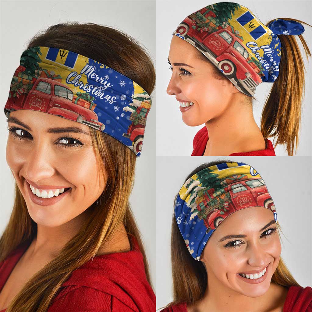 Barbados Christmas Neck Gaiter with Blue Yellow Xmas Snowflakes Red Truck and Coat of Arms - Wonder Print Shop