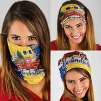 Barbados Christmas Neck Gaiter with Blue Yellow Xmas Snowflakes Red Truck and Coat of Arms - Wonder Print Shop