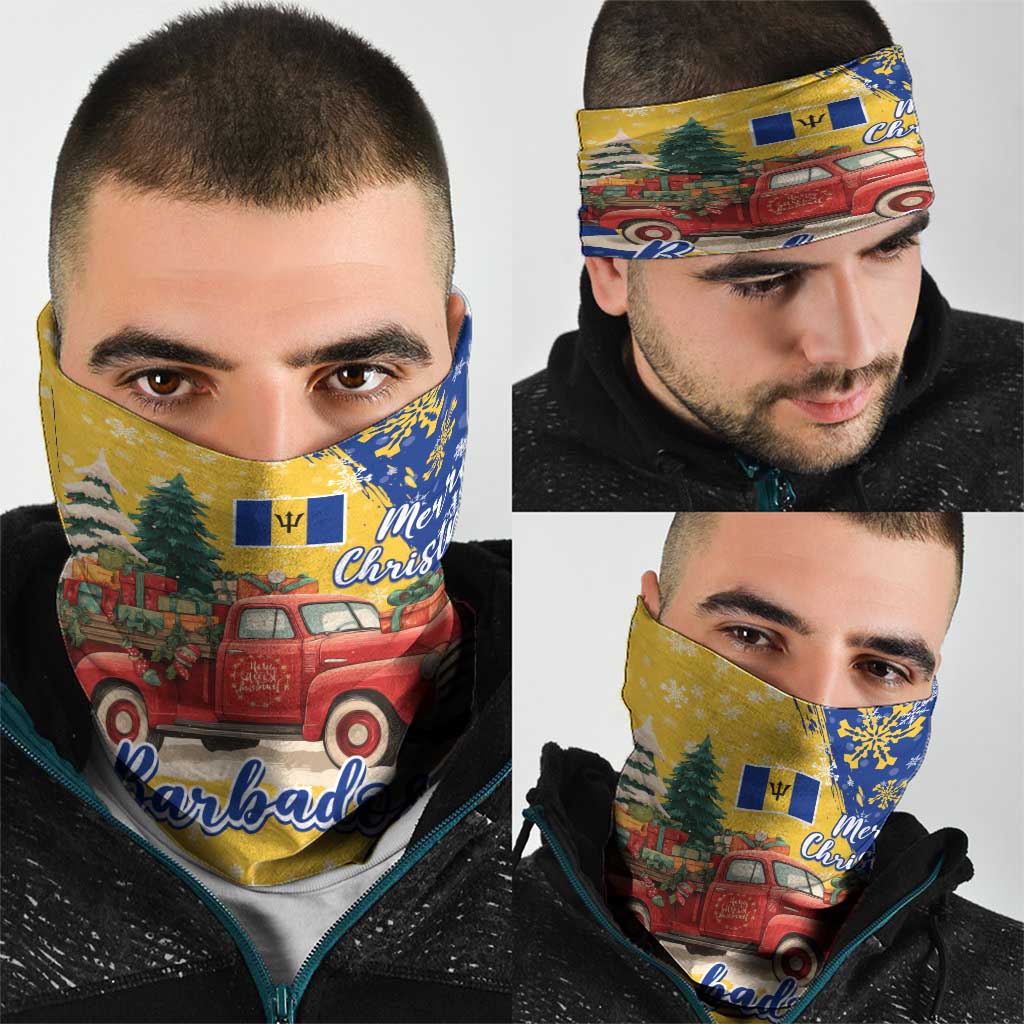 Barbados Christmas Neck Gaiter with Blue Yellow Xmas Snowflakes Red Truck and Coat of Arms - Wonder Print Shop