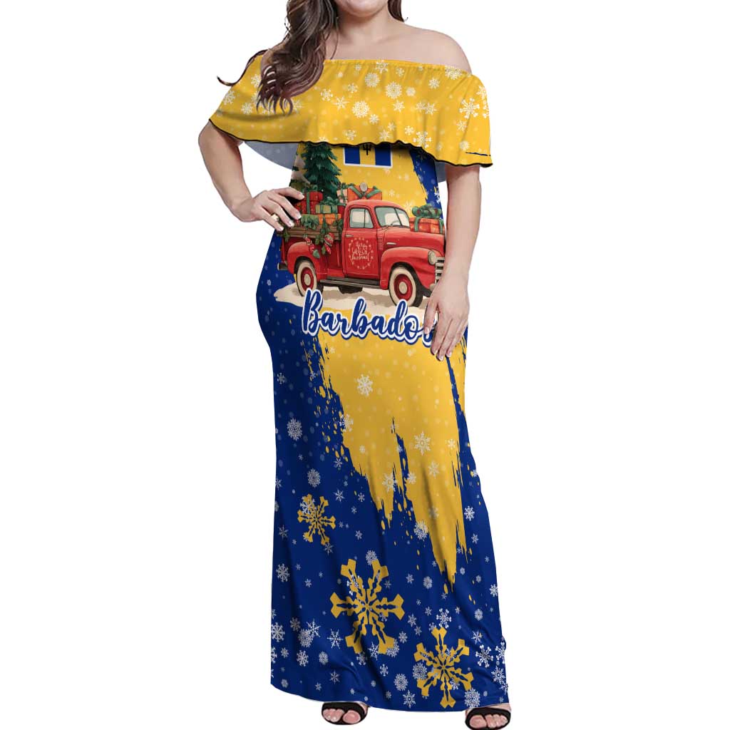 Barbados Christmas Off Shoulder Maxi Dress with Blue Yellow Xmas Snowflakes Red Truck and Coat of Arms - Wonder Print Shop
