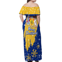Barbados Christmas Off Shoulder Maxi Dress with Blue Yellow Xmas Snowflakes Red Truck and Coat of Arms - Wonder Print Shop