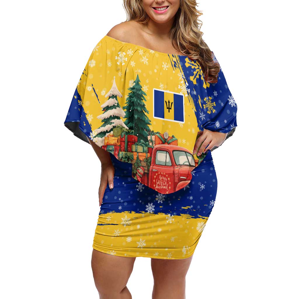 Barbados Christmas Off Shoulder Short Dress with Blue Yellow Xmas Snowflakes Red Truck and Coat of Arms - Wonder Print Shop