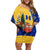 Barbados Christmas Off Shoulder Short Dress with Blue Yellow Xmas Snowflakes Red Truck and Coat of Arms - Wonder Print Shop