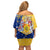 Barbados Christmas Off Shoulder Short Dress with Blue Yellow Xmas Snowflakes Red Truck and Coat of Arms - Wonder Print Shop