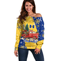 Barbados Christmas Off Shoulder Sweater with Blue Yellow Xmas Snowflakes Red Truck and Coat of Arms - Wonder Print Shop