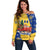 Barbados Christmas Off Shoulder Sweater with Blue Yellow Xmas Snowflakes Red Truck and Coat of Arms - Wonder Print Shop