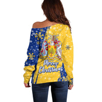 Barbados Christmas Off Shoulder Sweater with Blue Yellow Xmas Snowflakes Red Truck and Coat of Arms - Wonder Print Shop