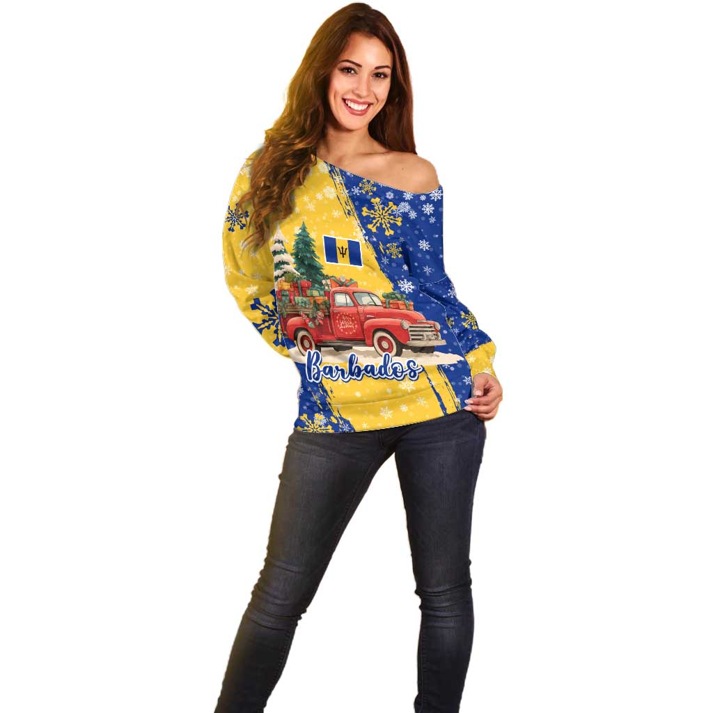 Barbados Christmas Off Shoulder Sweater with Blue Yellow Xmas Snowflakes Red Truck and Coat of Arms - Wonder Print Shop