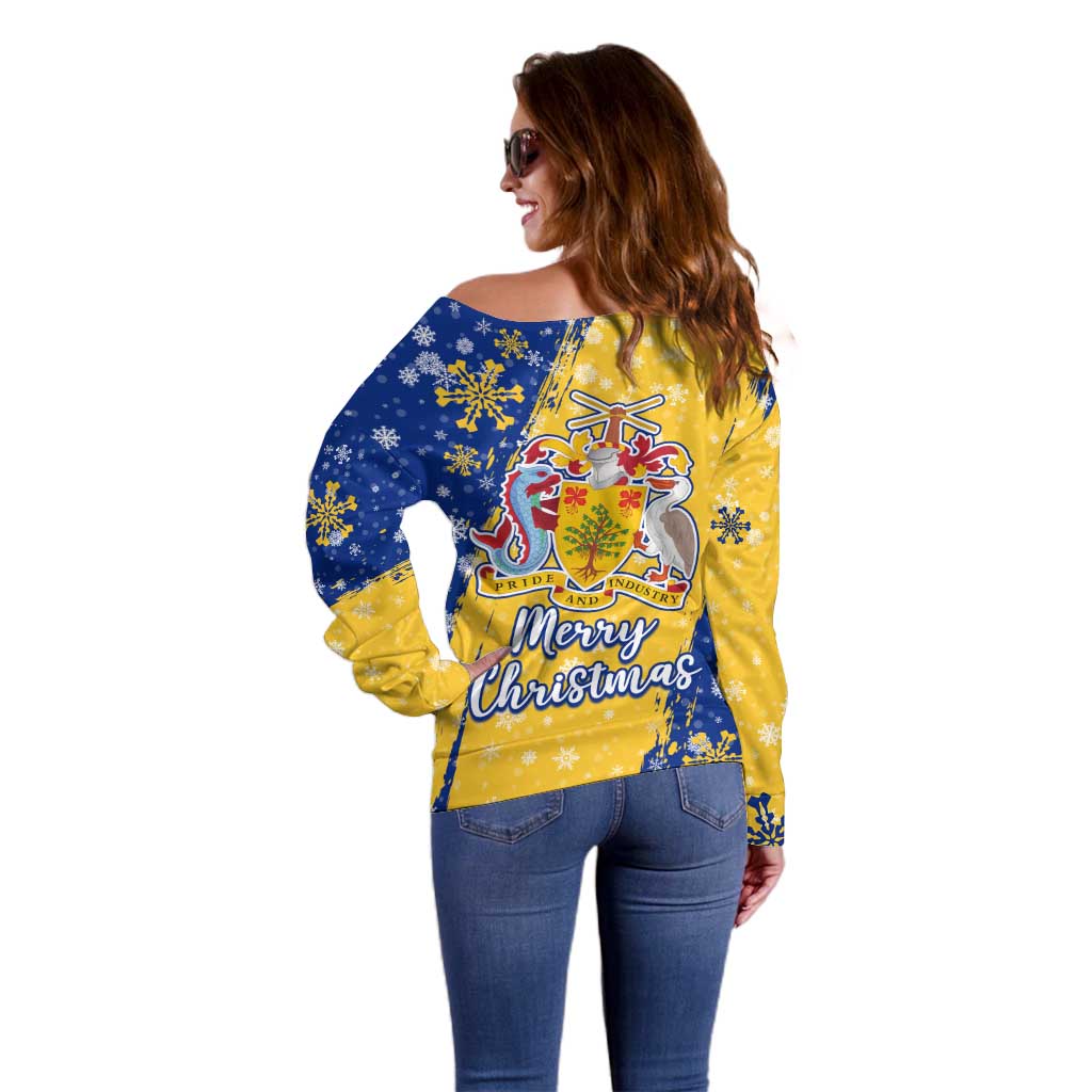 Barbados Christmas Off Shoulder Sweater with Blue Yellow Xmas Snowflakes Red Truck and Coat of Arms - Wonder Print Shop
