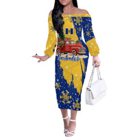 Barbados Christmas Off The Shoulder Long Sleeve Dress with Blue Yellow Xmas Snowflakes Red Truck and Coat of Arms - Wonder Print Shop