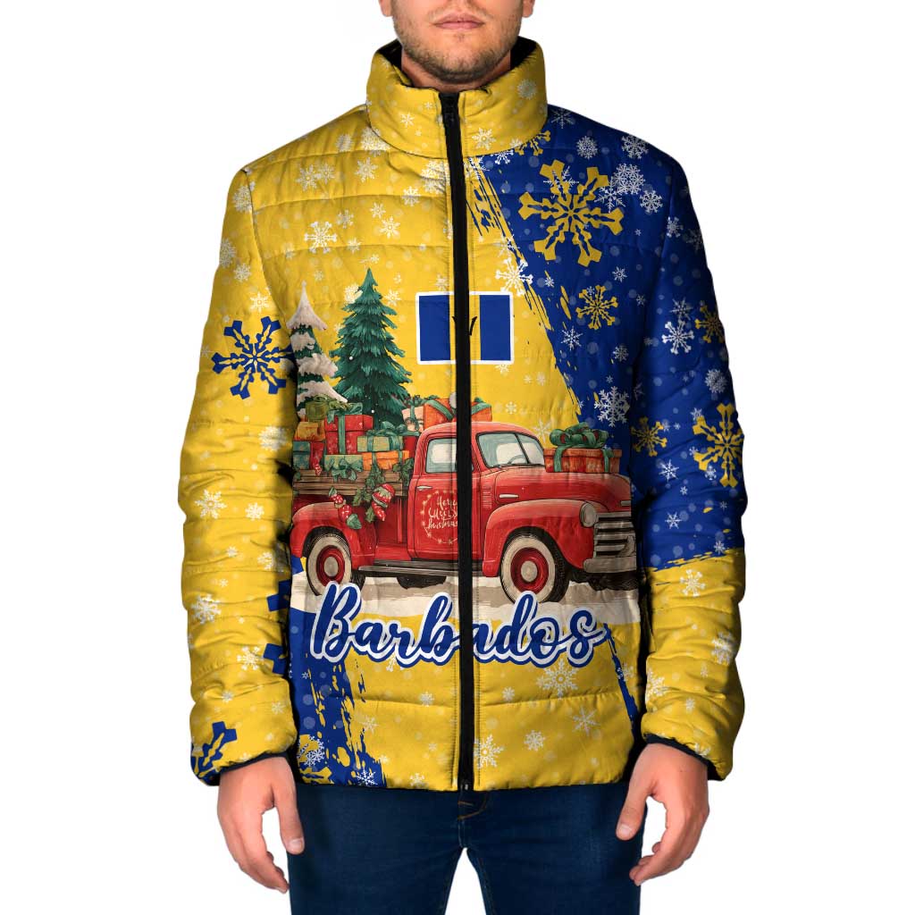 Barbados Christmas Padded Jacket with Blue Yellow Xmas Snowflakes Red Truck and Coat of Arms - Wonder Print Shop