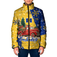 Barbados Christmas Padded Jacket with Blue Yellow Xmas Snowflakes Red Truck and Coat of Arms - Wonder Print Shop