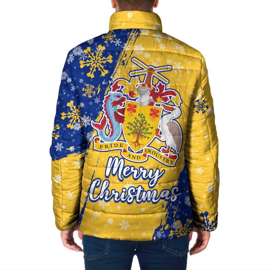 Barbados Christmas Padded Jacket with Blue Yellow Xmas Snowflakes Red Truck and Coat of Arms - Wonder Print Shop