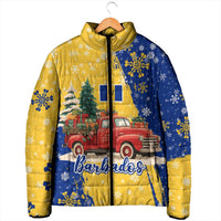 Barbados Christmas Padded Jacket with Blue Yellow Xmas Snowflakes Red Truck and Coat of Arms - Wonder Print Shop