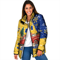 Barbados Christmas Padded Jacket with Blue Yellow Xmas Snowflakes Red Truck and Coat of Arms - Wonder Print Shop