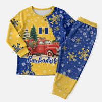 Barbados Christmas Pajama Set with Blue Yellow Xmas Snowflakes Red Truck and Coat of Arms - Wonder Print Shop