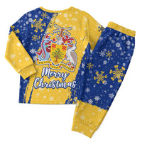 Barbados Christmas Pajama Set with Blue Yellow Xmas Snowflakes Red Truck and Coat of Arms - Wonder Print Shop