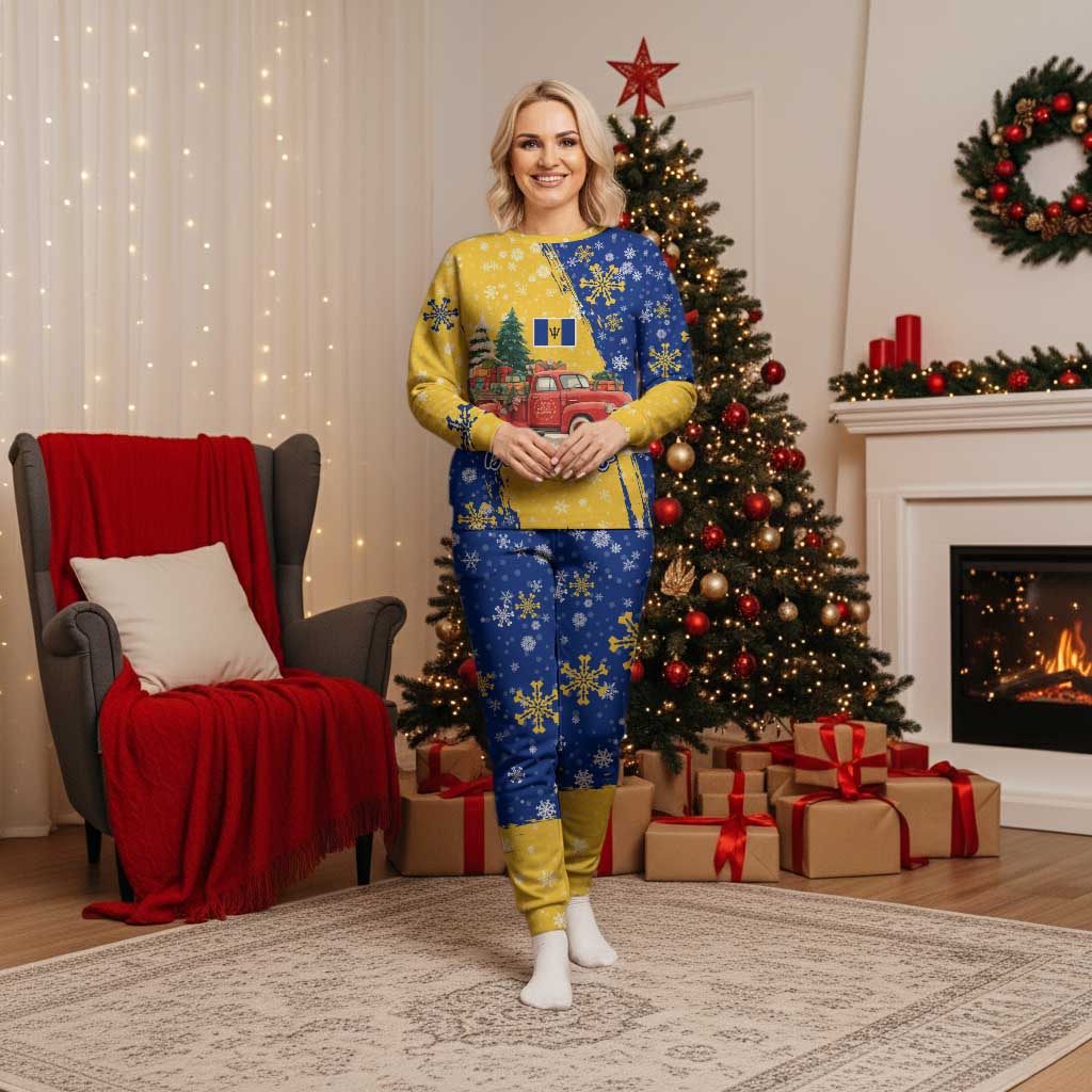 Barbados Christmas Pajama Set with Blue Yellow Xmas Snowflakes Red Truck and Coat of Arms - Wonder Print Shop