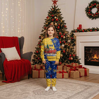 Barbados Christmas Pajama Set with Blue Yellow Xmas Snowflakes Red Truck and Coat of Arms - Wonder Print Shop