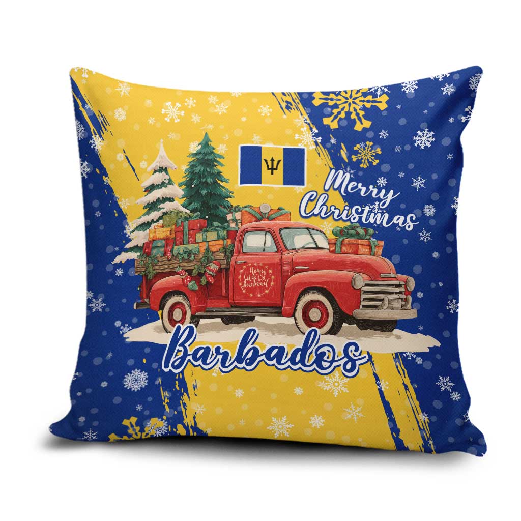 Barbados Christmas Pillow Cover with Blue Yellow Xmas Snowflakes Red Truck and Coat of Arms - Wonder Print Shop