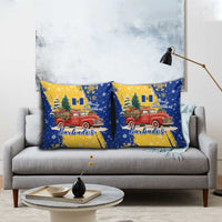 Barbados Christmas Pillow Cover with Blue Yellow Xmas Snowflakes Red Truck and Coat of Arms - Wonder Print Shop