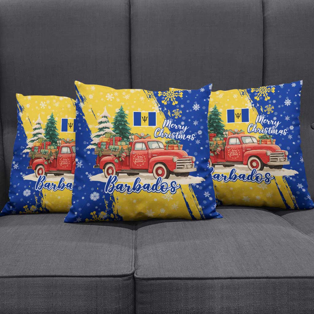 Barbados Christmas Pillow Cover with Blue Yellow Xmas Snowflakes Red Truck and Coat of Arms - Wonder Print Shop