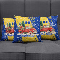 Barbados Christmas Pillow Cover with Blue Yellow Xmas Snowflakes Red Truck and Coat of Arms - Wonder Print Shop