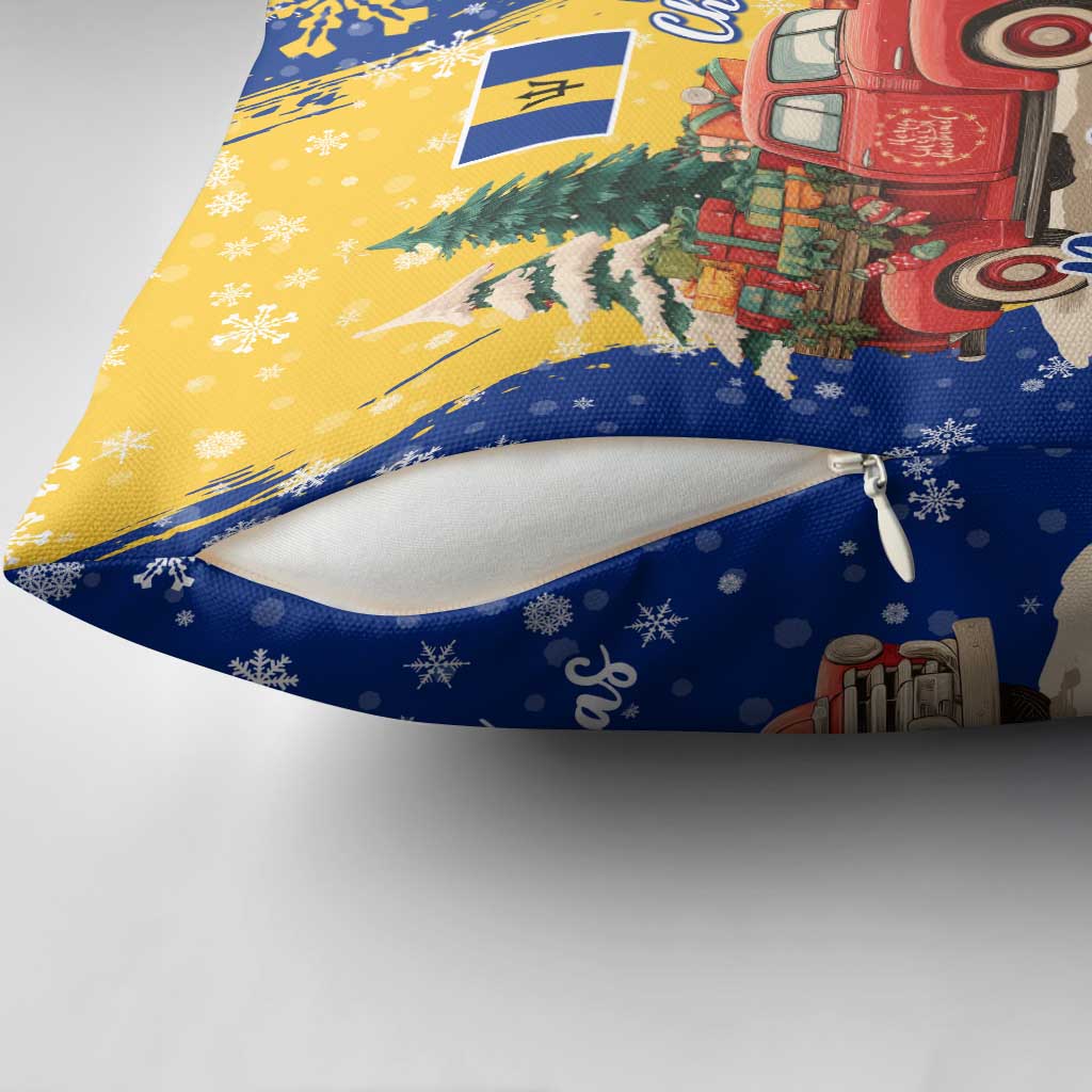 Barbados Christmas Pillow Cover with Blue Yellow Xmas Snowflakes Red Truck and Coat of Arms - Wonder Print Shop