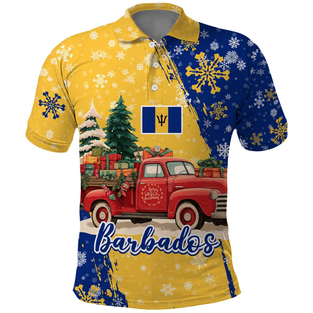 Barbados Christmas Polo Shirt with Blue Yellow Xmas Snowflakes Red Truck and Coat of Arms - Wonder Print Shop
