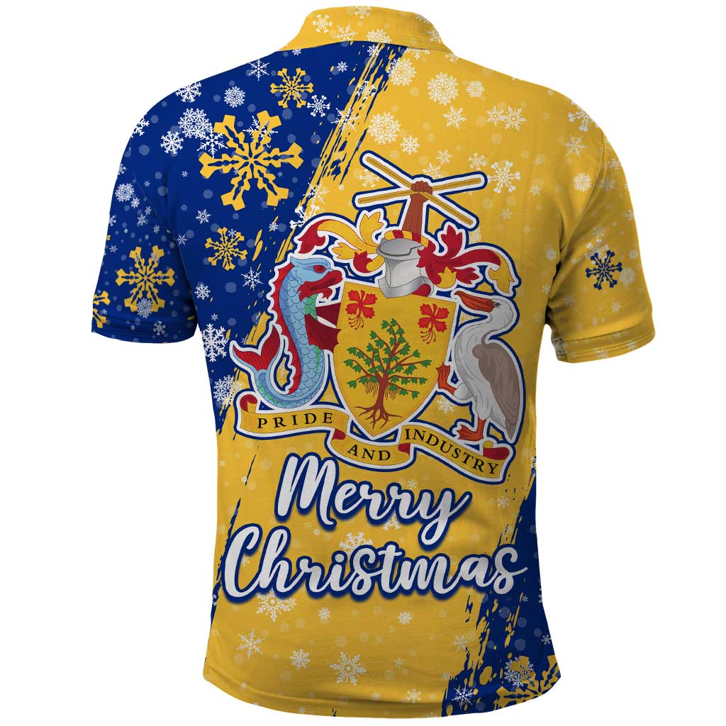 Barbados Christmas Polo Shirt with Blue Yellow Xmas Snowflakes Red Truck and Coat of Arms - Wonder Print Shop