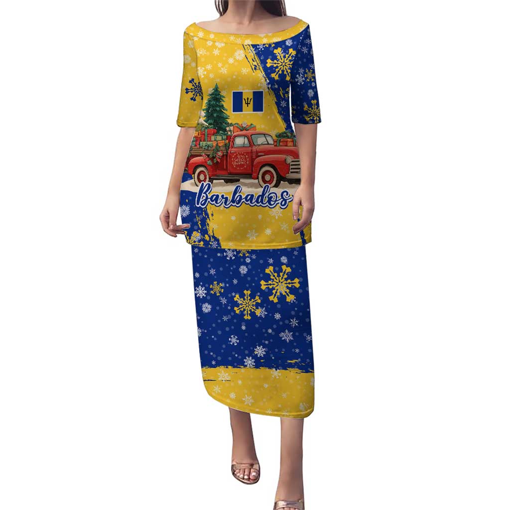 Barbados Christmas Puletasi with Blue Yellow Xmas Snowflakes Red Truck and Coat of Arms - Wonder Print Shop