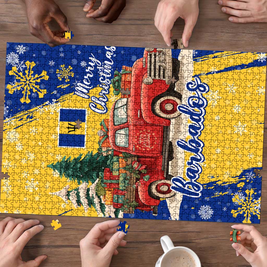 Barbados Christmas Puzzle with Blue Yellow Xmas Snowflakes Red Truck and Coat of Arms - Wonder Print Shop